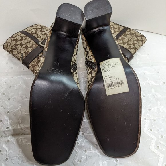 Coach Khaki & Brown Jacquard Signature Logo Bibi Mid Calf Boots - size 5.5M NWT